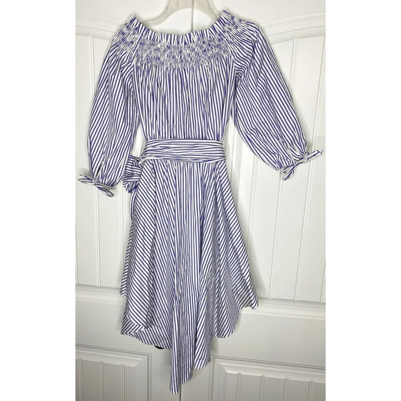 Caroline Constas Blue Stripe Lou Off Shoulder Dress Small Bow Tie Waist High Low - Picture 6 of 8